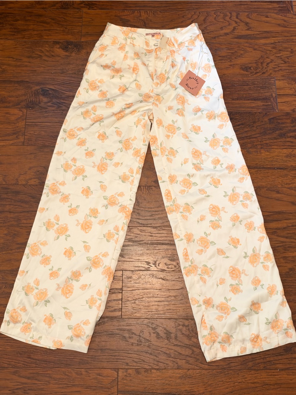Cream Floral Wide-Leg Trousers with Peach Roses